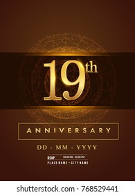 19th anniversary poster design on golden and elegant background, vector design for anniversary celebration, greeting card and invitation card.