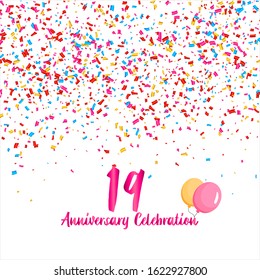 19th anniversary vector background, white background with three colors ornament and pink font, editable vector eps 10