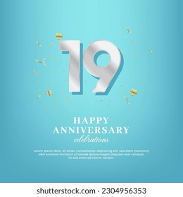 19th anniversary vector template with a golden number and confetti spread on a gradient background