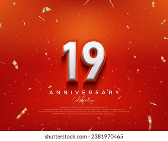 19th Anniversary. with white 3d numbers on fancy red background. Premium vector background for greeting and celebration.