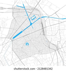 19th Arrondissement, Paris, FRANCE, high detail vector map with city boundaries and editable paths. White outlines for main roads. Many smaller paths. Blue shapes and lines for water.