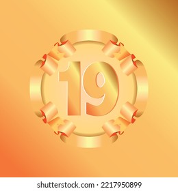 19th birthday with gold ribbon, vector illustration