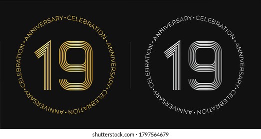 19th birthday. Nineteen years anniversary celebration banner in golden and silver colors. Circular logo with original numbers design in elegant lines.