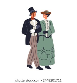 19th century aristocrat couple. Noble man and woman strolling, walking. Elegant gentleman and lady in historic victorian vintage dress and suit. Flat vector illustration isolated on white background