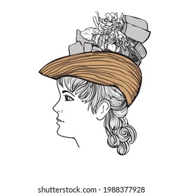 19th century fashion, woman in a fashionable hat with flowers. Female head drawing in vector. Retro fashion. Secular lady.