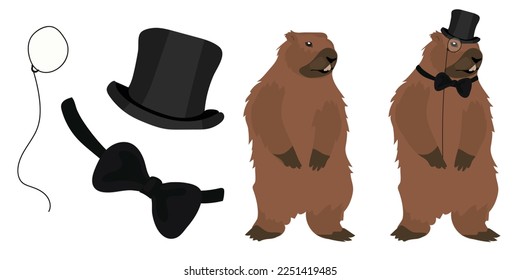 A 19th century gentleman's set for a groundhog. Groundhog Day is dressed in men's accessories. Hat top hat, monocle, butterfly. Vector illustration.