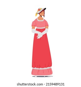 19th Century Lady, Victorian English or French Woman Wear Elegant Gown and Hat Isolated on White Background. Beautiful Female Character, European Antique Fashion. Cartoon People Vector Illustration