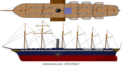 19th Century Paddle Steam Ocean Liner. Side and top profile of a paddle steamer from the 1800s. Isolated vector illustration.