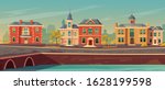 19th century town street with european buildings and lake promenade. Vector cartoon illustration of city landscape with old vintage architecture. Retro cityscape on river shore