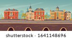 19th century town street with european colonial victorian style buildings and lake promenade. Vector cartoon illustration of city landscape with old vintage architecture. Retro cityscape river shore