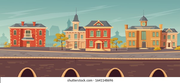 19th century town street with european colonial victorian style buildings and lake promenade. Vector cartoon illustration of city landscape with old vintage architecture. Retro cityscape river shore