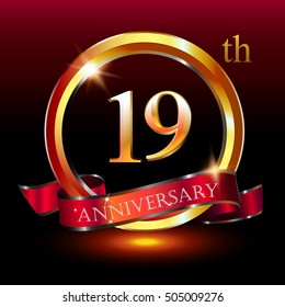 19th golden anniversary logo, 19 years anniversary celebration with ring and ribbon.