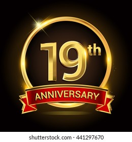 19th golden anniversary logo with ring and red ribbon isolated on black background, vector design for birthday celebration, marriage, corporate, and your business.