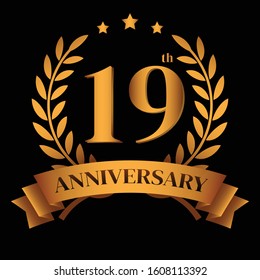 19th golden anniversary logo,with Laurel Wreath and gold ribbon Vector Illustration