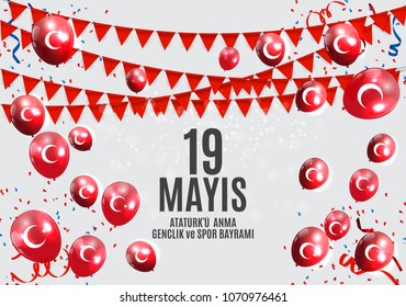 19th may commemoration of Ataturk, youth and sports day (Turkish Speak: 19 mayis Ataturk'u anma, genclik ve spor bayrami).  Turkish holiday greeting card. Vector Illustration EPS10