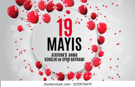 19th may commemoration of Ataturk, youth and sports day (Turkish Speak: 19 mayis Ataturk'u anma, genclik ve spor bayrami).  Turkish holiday greeting card. Vector Illustration EPS10