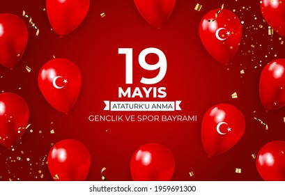 19th may commemoration of Ataturk, youth and sports day (Turkish Speak: 19 mayis Ataturk'u anma, genclik ve spor bayrami).  Turkish holiday greeting card. Vector Illustration EPS10