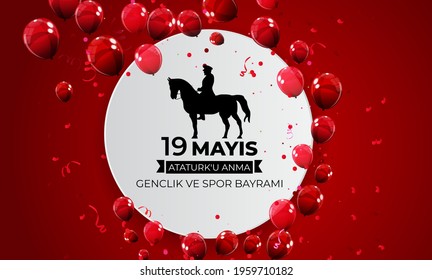 19th may commemoration of Ataturk, youth and sports day (Turkish Speak: 19 mayis Ataturk'u anma, genclik ve spor bayrami).  Turkish holiday greeting card. Vector Illustration EPS10
