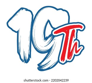 19th Ordinal Number counting vector art illustration with stunning font on red trim blue on white background