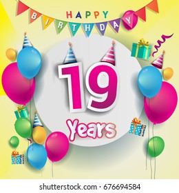 19th years Anniversary Celebration, birthday card or greeting card design with gift box and balloons, Colorful vector elements for the celebration party of nineteen years anniversary.