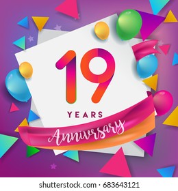 19th Years Anniversary Celebration Design, balloons and ribbon, Colorful design elements for banner, invitation, greeting card your nineteen birthday celebration party.