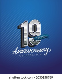 19th years anniversary celebration logotype with silver color and blue ribbon isolated on blue background