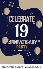 19th years anniversary design for greeting invitation with balloon elegant design template