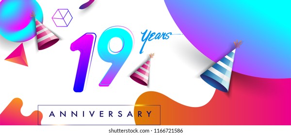 19th years anniversary logo, vector design birthday celebration with colorful geometric background and futuristic elements