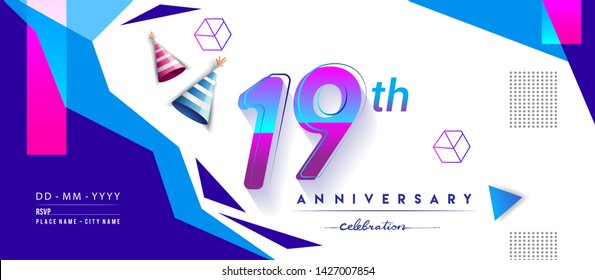 19th years anniversary logo, vector design birthday celebration with colorful geometric background and circles shape.
