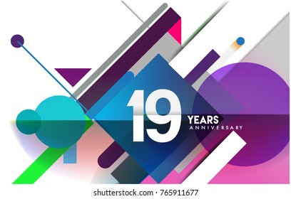 19th years anniversary logo, vector design birthday celebration with colorful geometric isolated on white background.