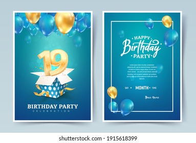 19th years birthday vector invitation double card. Nineteen years anniversary celebration brochure. Template of invitational for print on blue background