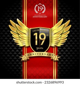 19th years celebration anniversary logo vector isolated on dark red and black luxury background