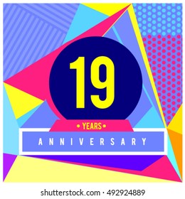 19th years greeting card anniversary with colorful number and frame. logo and icon with Memphis style cover and design template. Pop art style design poster and publication.