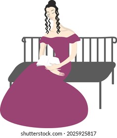 A 19th-century lady on a bench with a book in her hand. Vector illustration in the style of flat design.