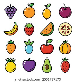 1.a set of 20 fruits line art black silhouette style icon with white background