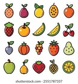 1.a set of 20 fruits line art black silhouette style icon with white background