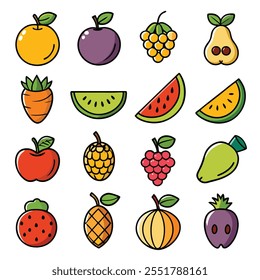 1.a set of 20 fruits line art black silhouette style icon with white background