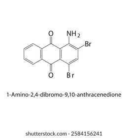 1-Amino-2,4-dibromo-9,10- anthracenedione skeletal structure.Anthraquinone compound schematic illustration. Simple diagram, chemical structure.