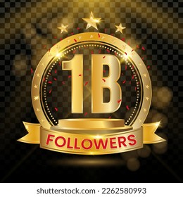 1B Followers Logotype with Gold and red Confetti Isolated on Black Background (PNG), Vector Design for Greeting Card and Social Media.