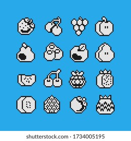 1-bit 16px fruits icons set, pixel art, lemon, apple, grape, pear, raspberry, cherry and banana. Design for logo, sticker and mobile app. Isolated vector illustration.