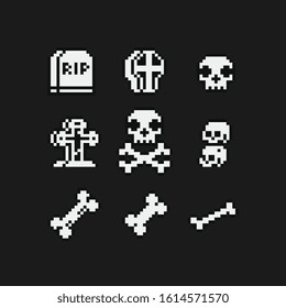 1bit bones pixel art icons, grave and skull. Design for logo game, Halloween greeting card, sticker, web, mobile app, badges and patches. Isolated vector illustration. Game assets.