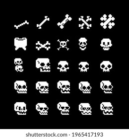 1-bit bones pixel art icons, skull character. Design for logo game, Halloween greeting card, sticker, web, mobile app, badges and patches. Isolated vector illustration. Game assets.