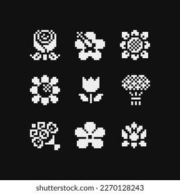 1-bit flowers emoji, bouquet of rose, tulip, sunflower pixel art icons set. Design for logo flower shop, sticker, stamp, web, mobile app, badges and patches. Video game sprite. Isolated vector.