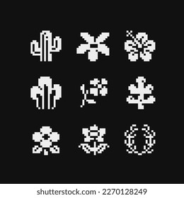 1-bit flowers emoji, bouquet of rose, tulip, cactus pixel art icons set. Design for logo flower shop, sticker, stamp, web, mobile app, badges and patches. Video game sprite. Isolated vector.