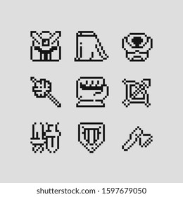 1bit medieval weapon and armor icon, helmet, bow and arrow, shield, sword, ax, glove and cloak. Design for logo game, sticker, web, mobile app, badges and patches. Isolated vector illustration.