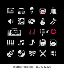 1-bit music icons set, piano, headphones, guitar, cd disc and musical note isolated vector illustration. 80s pixel art. Flat style. 1-bit sprite. Game assets. Design for logo, web, sticker, mobile app