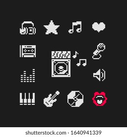 1-bit music icons set, piano, headphones, guitar, cd disc and musical note isolated vector illustration. 80s pixel art. Flat style. 1-bit sprite. Game assets. Design for logo, web, sticker, mobile app