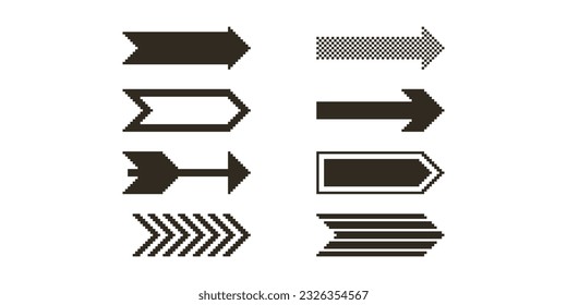 1bit pixel art set of different arrows. Collection of minimalistic black arrows in different styles