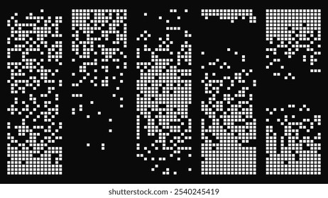 Conjunto de Gradientes de tramado de píxeles de 1 bit. Anuncios de efecto de disolución. Efecto de arte de píxeles de desintegración. Elementos de Anuncio de Vector. Desaparecer textura de rectángulo. Píxeles disueltos. Vector