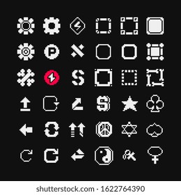 1-bit symbols icons set, gear, frame, yin yang, arrow, download, download, star, dollar, design for mobile app, logo game, sticker, web,  badges and patches. Isolated pixel art vector illustration. 